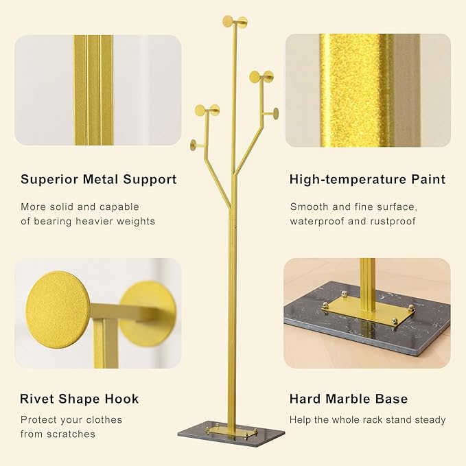 JIAYUEJU Heavy Duty Coat Rack Tree-shaped Metal Freestanding Coat Tree with Sturdy Marble Base Corner Coat Rack for Bedroom Entryway Hallway 14.96 x 10.24 x 68.9 Inches (Gold)