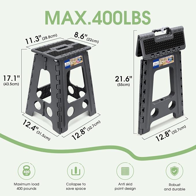 ACKO Folding Step Stool Foldable 17.5 Inch Stools for Adults and Kids,Plastic Stools Tall 400 lbs Capacity, Collapsible Stool for Kitchen, Stepping Foot Stool with Handle, Dot Grey,1 PC