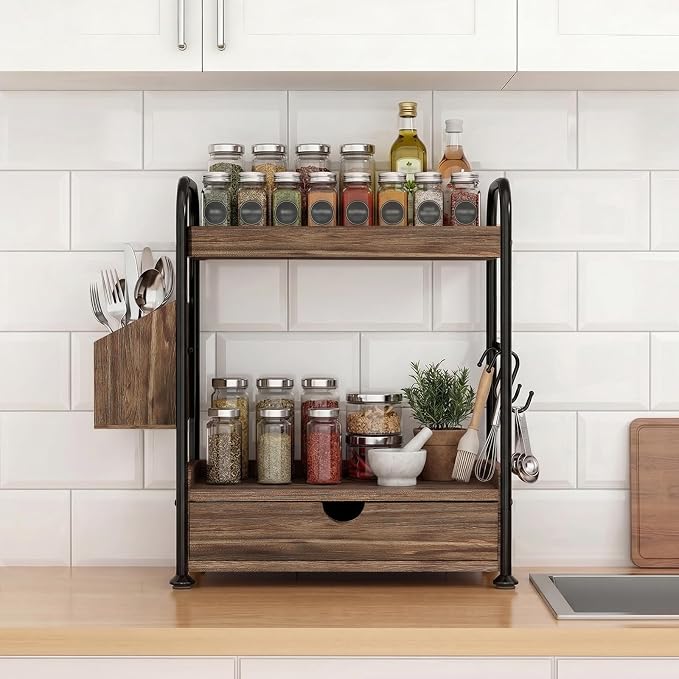 Kottwca 2-Tier Bathroom Counter Organizer with Drawer, Wooden Vanity Skincare Storage Shelf with Thickened Metal Frame, Countertop Shelf with Basket & Hooks for Makeup Organization,Dark Brown