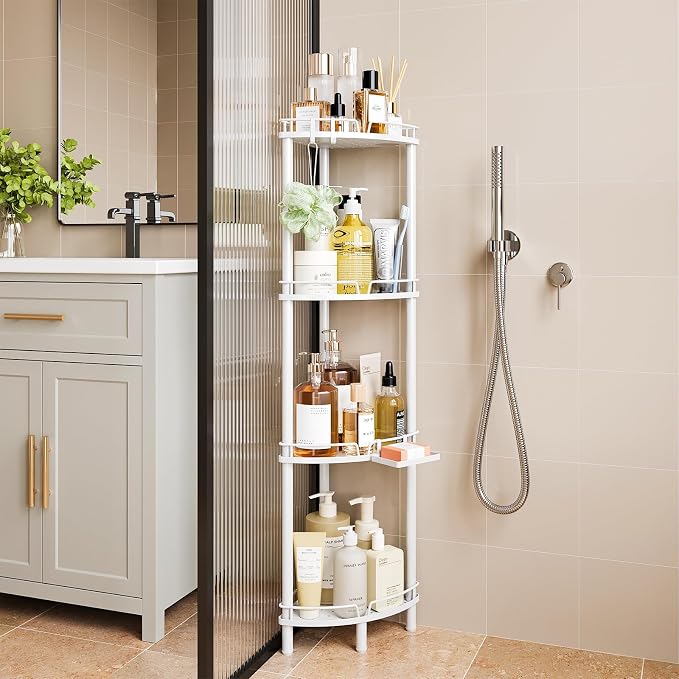 ELYKEN Corner Shower Caddy Standing, 4 Tier Rustproof Metal Shower Organizer with Soap Holder, Floor Shower Corner Shelf Rack Storage Stands with Adjustable Feet & 2 Hooks for Bathroom, White