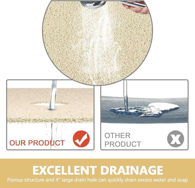 Square Shower Mat Non Slip: 36 x 36 Inch Extra Large Loofah Shower Mats for Inside Shower - Anti Slip Shower Stall Matt with Drain Hole in Middle