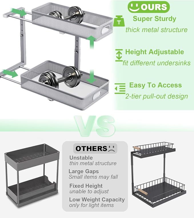 Under Sink Organizer 2 Pack, High Adjustable 2 Tier Under Sink Organizers and Storage, Slide out Metal Cabinet Organizers, Pull out Storage Drawer Shelf for Kitchen Bathroom Cabinet