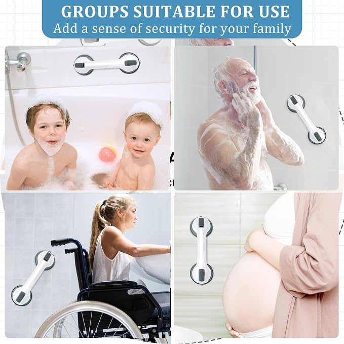 2-Pack Shower Handle Safety Grab Bars with Suction Cups for Bathtubs and Showers - Bathroom Rails Aid for Seniors, Elderly, Handicap - Wall & Bath Tub Toilet Support 12Inch