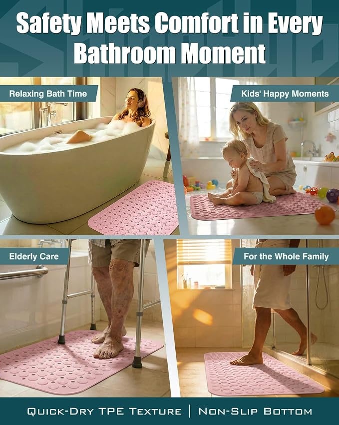 Non Slip TPE Bath Mat, Heavy Non Floating Shower Mat, 28x16, Pink | Strong grip, 166 suctions, 144 drains, 7mm extra-thick cushioned layer, washable, for bathroom shower tub floor