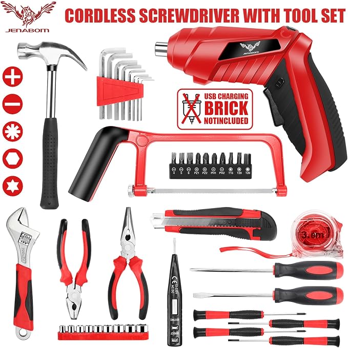 Tool Set with 3.6V USB Electric Screwdriver, Portable Tool Set with Storage Case, Complete Hand Tools for Apartment, Office & Daily DIY Repairs, for Men & Women