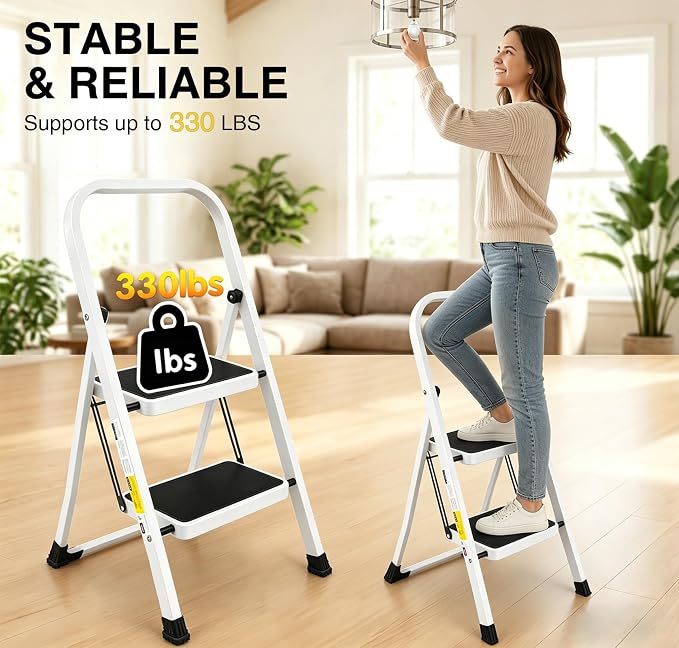 2 Step Stool, Folding Step Stool - Capacity with Wide Anti-Slip Pedal, Portable Steps Stool for Adults Multi-Use for Household, Kitchen, Office (Matte White)