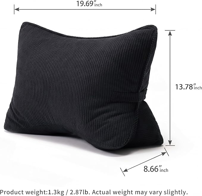 Pat. Pend. Corduroy Lumbar Support Pillow for Sitting, Triangle Cushion for Sofa, Couch or Bed, Reading Pillow for Gaming, Watching TV & Relaxing, Lamp Black