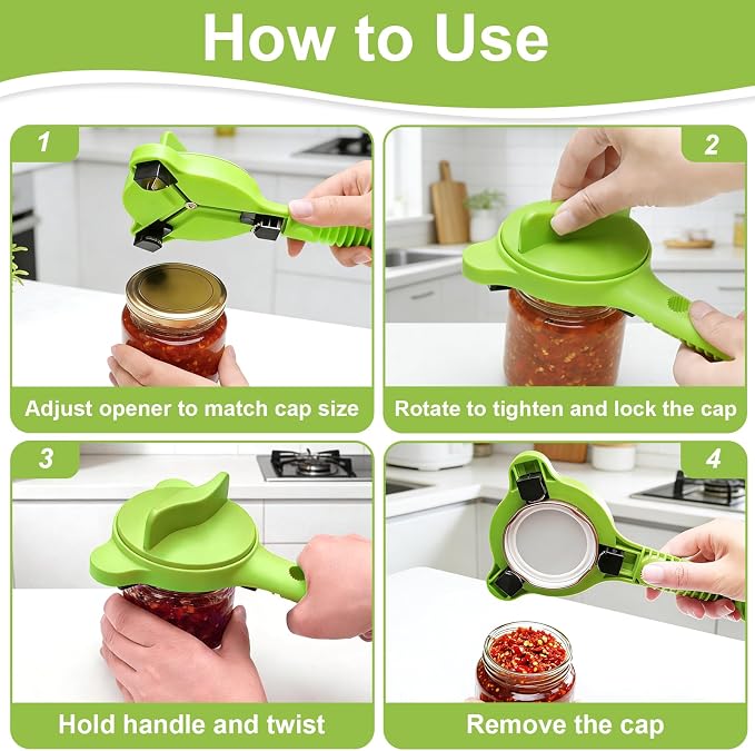 Multi-Functional 4-in-1 Jar Opener, Adjustable Stainless Steel Bottle Opener for Multi Size Jar Bottles with Ergonomic Non-Slip Handle Grip, Kitchen Helper for Seniors Weak Hands Arthritis