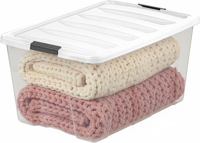 IRIS USA 94 Qt Stackable Plastic Storage Bins with Lids, 4 Pack - BPA-Free, Made in USA - See-Through Organizing Solution, Latches, Durable Nestable Containers, Secure Pull Handle - Clear/White