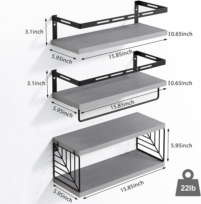 Fixwal Wall Mounted Bathroom Shelves Over Toilet, Rustic Wood Floating Shelves with Metal Frame and Towel Bar for Bathroom, Kitchen, Bedroom, Living Room (3 Plus 1 Gray)