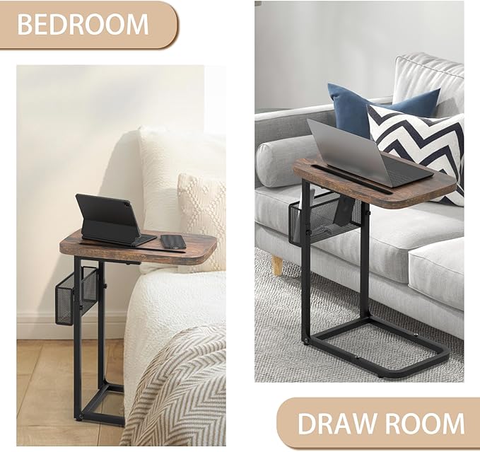 Fashion TV Tray Table with Large Tabletop, Adjustable Sofa Table with Storage Baskets, Strong Metal Frame, Tv Dinner Tray Table for TV Watching, Meals, Snacks (Square, Brown, 16.93inch x 12.6inch)