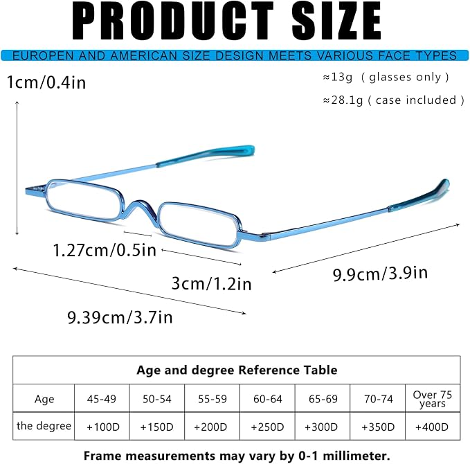 Viseng Slim Mini Metal Reading Glasses Compact Lightweight Portable Readers with Glasses Case for Reading Case Black+Blue+1.5