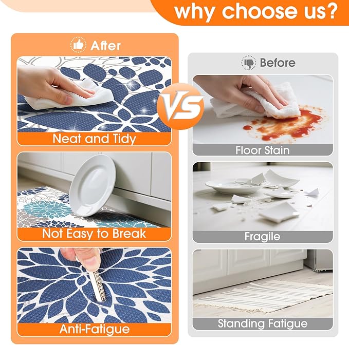 StepLively Kitchen Mats for Floor, Anti Fatigue Mats for Kitchen Floor, Kitchen Decor and Accessories Non Slip Washable Mats Set of 2 for Sink, Office, Laundry, 17.3"×30"+17.3"×59", Blue and White