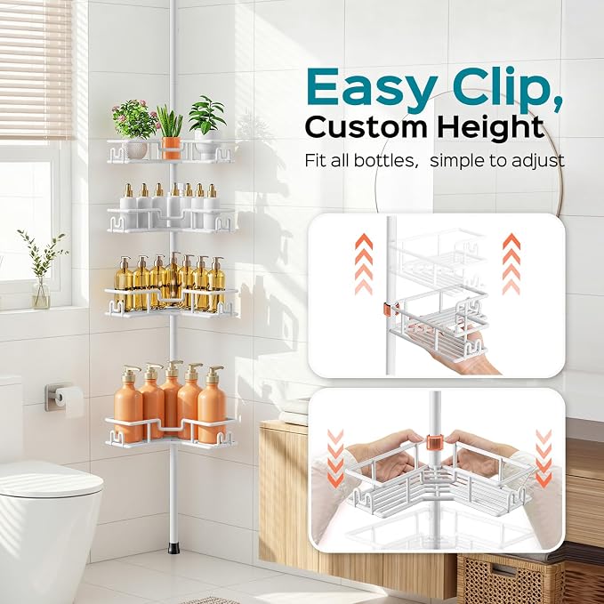 HAMITOR Shower Organizer Tension Pole: 4-Tier Rustproof Large Capacity Corner Shower Caddy with Hooks - Heavy Duty No Drilling Adjustable Storage Rack for Family, Apartment & Dorm 47-123 Inch White