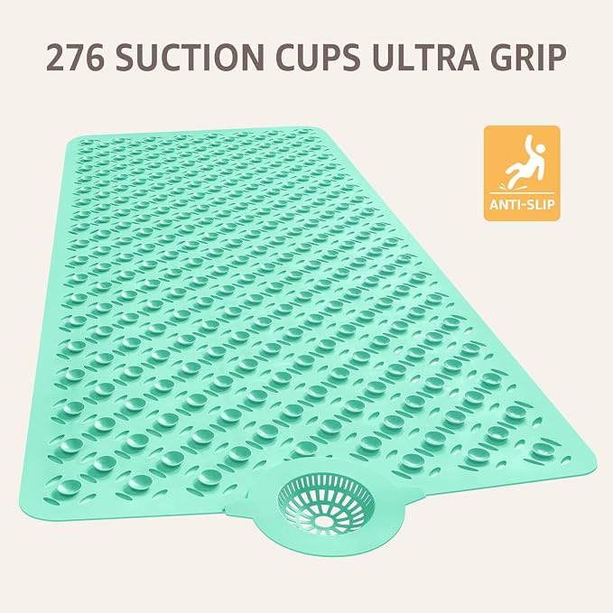 OTHWAY Bath Mat for Tub Non Slip: 39" X 17" Long Bathtub Mat with Hair Catcher│Big Drain Holes Shower Mats for Inside Shower│Machine Washable (Light Green)
