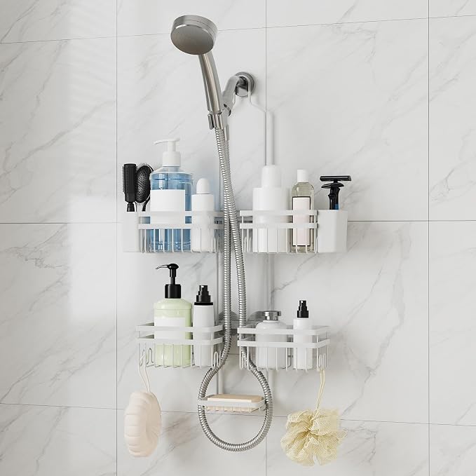 Shower Caddy Hanging for Bathroom Organizers and Storage - 3-Tier Adjustable Anti-Swing Shower Organizer Hanging with Heavy-Duty Suction Cups, Damage-Free Rustproof (White)