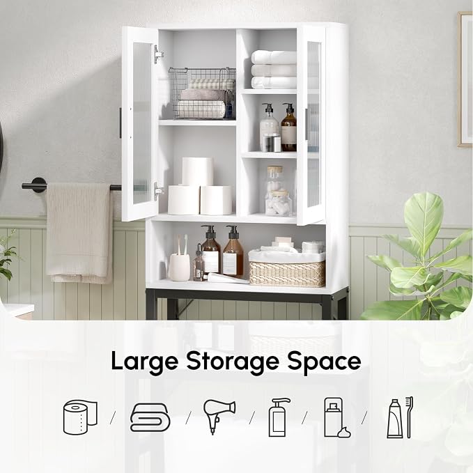 USHOWER Over The Toilet Storage Cabinet, Bathroom Organizer with Tempered Glass Doors, Thicken Metal Stand & MDF Wood, Freestanding Space Saver, White