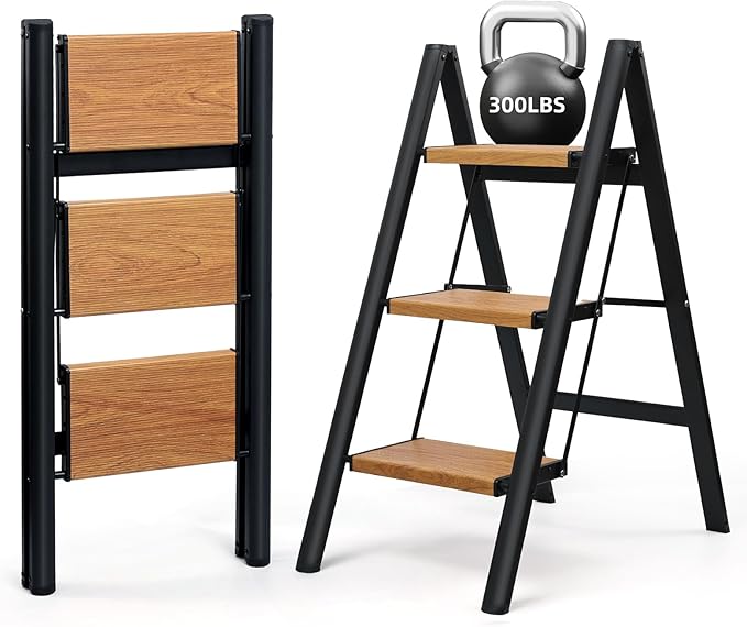 SOLADDER 3 Step Ladder, Anti-Slip and Lightweight Foldable Step Stool for Adults to Use in Kitchen, Closet and Library, 300lbs(Black&Woodgrain)