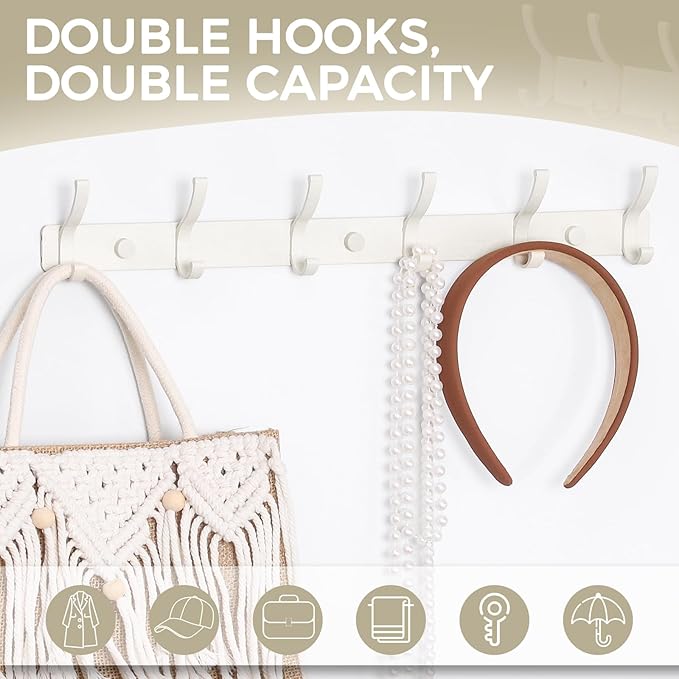 Dntorx Coat Rack Wall Mount, 1 Pack Coat Hooks Hanger Wall Double Hook Rack Rail Towel Hat Rack Entryway Bathroom Hanger Organizer for Robes, Clothes, Bags, Hat(White)
