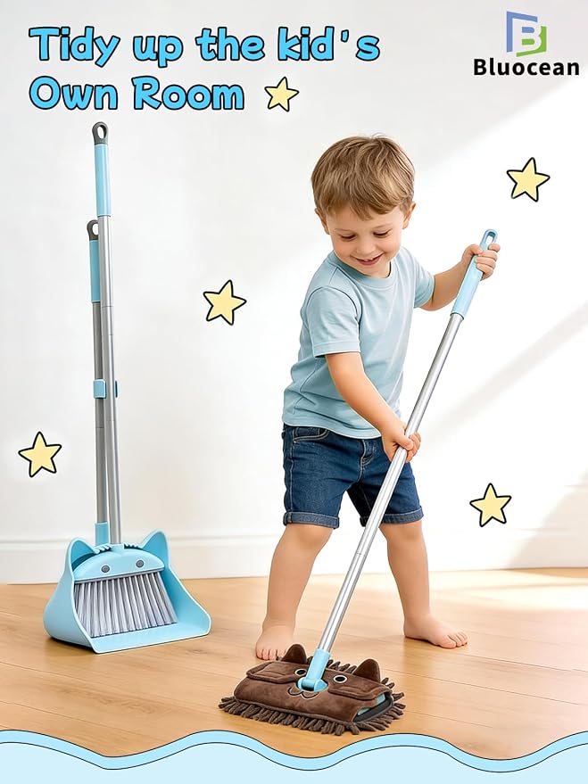 28'' Kids Mini Broom with Dustpan & Mop Set - Toddler Cleaning Toy, Toddler Household Helper, Parent-Child Interactive Play Cleaning Tool, Cute Cartoon Design, Small Safe Corner Broom (Blue)