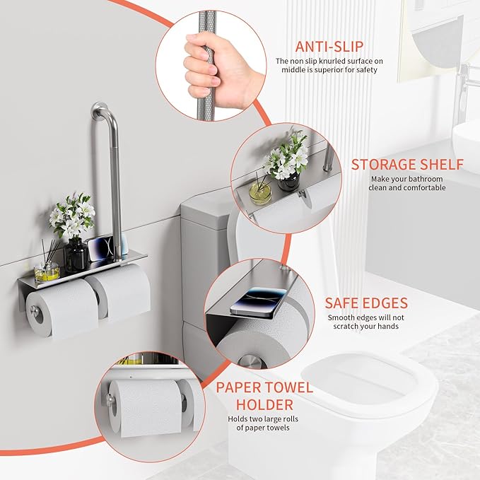 Bathroom Grab Bar with Shower Shelves,Munzong Toilet Paper Holder 3 in 1 Bathroom Organizers and Storage, Anti Slip Stainless Steel Safety Hand Rail for Handicap Elderly Senior Assist
