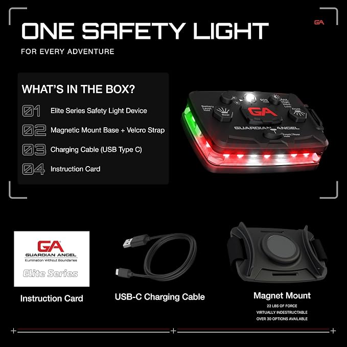 Guardian Angel Elite Series Safety Light (Red Front & Green Rear) - Rechargeable, Magnetic, Hands-Free Wearable/Mountable LED Light for Fire, Roadside, Security, Wireless Boat Navigation