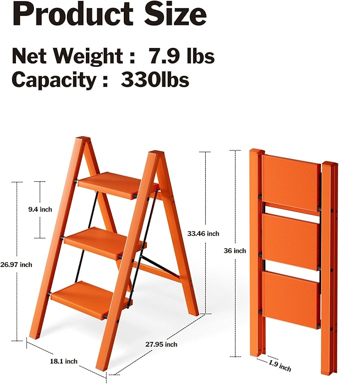 3 Step Ladder, Aluminum Lightweight Folding 3 Step Stool with Anti-Slip Wide Pedal, 330lbs Capacity Ladder for Household,Library,Office(Hermes Orange)
