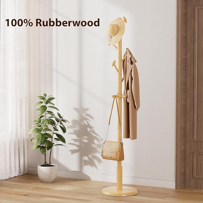 Taitiy Solid Wood Coat Rack Freestanding Coat Tree with 10 Hooks for Bedroom, Livingroom, Entryway, Sturdy Coat Hanger Stand for Hats, Coats, Scarves, Handbags, Purses