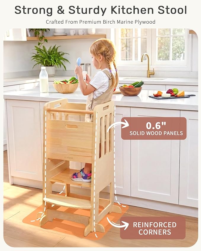 WINGYZ Toddler Tower - Anti-Tip Natural Wood Learning Stool Helper for Kids 18M-6Y, 150lb Capacity Kitchen Stool with 3-Height Adjustable Platform and Sliding Door Access, 20lb Portable Design, Wood