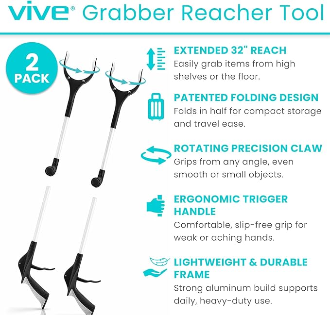 Vive 32" Grabber Reacher Tool (2 Pack) - Foldable Pickup Stick with Rotating Jaw & Sensitive Trigger - Heavy Duty Mobility Grip Hand Aid - Extra Reach Extender Claw for Seniors, Elderly, Handicap
