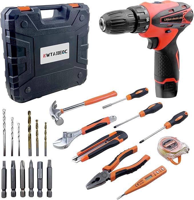 33 Picce Orange Tool Kit with 12V Cordless Drill, Tool Box with Drill, Hand Drill Set for Men Women, Home Tool Kits for House Repair, Handyman, DIY