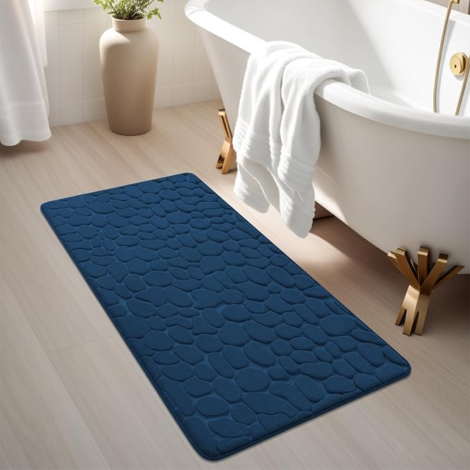 YIHOUSE Memory Foam Runner Rug, Cobblestone Bathroom Runner Rugs Super Water Absorbent Bath Mats for Bathroom Machine Washable Bath Rugs for Hallway Bedroom Laundry Room(24 x 47,Dark Blue)