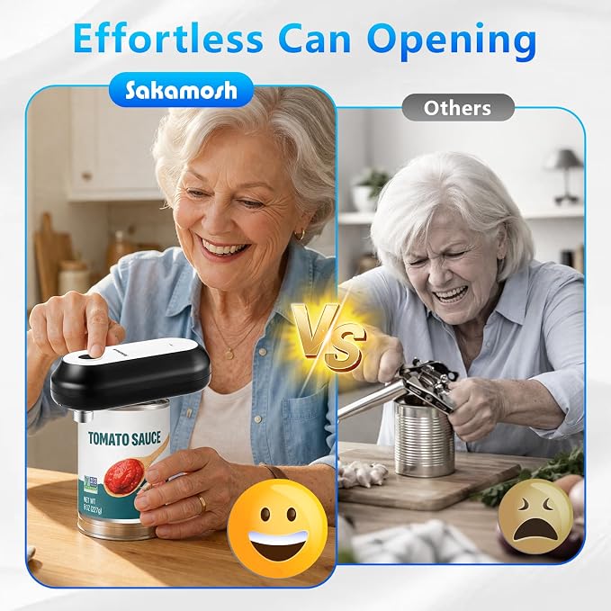 SAKAMOSH Electric Can Opener for Seniors Auto Stop, Hands Free Rechargeable Can Openers with Smooth Edge, One Touch Operation, Automatic Opener for Kitchen, Ideal Choice for Mom, Elderly