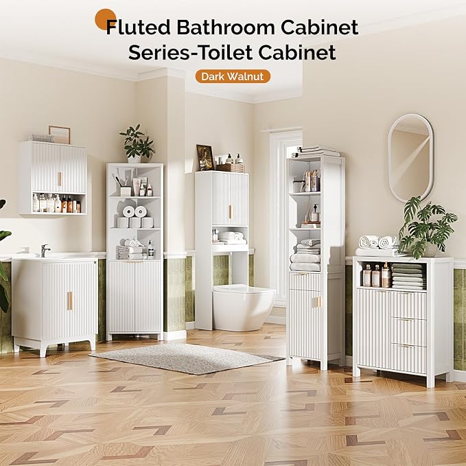 VINGLI Over The Toilet Storage Cabinet White, Modern Bathroom Organizer with Fluted Doors, Freestanding Wooden Space Saver Stand with Adjustable Bottom Bar for Laundry, Gold Handles
