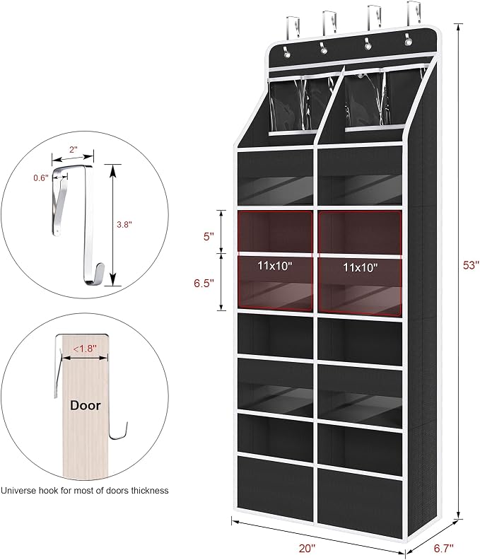 Univivi 5-Shelf Over Door Hanging Organizer Fabric Door Storage for Baby Nursery Nursery Closet Cabinet Wall Mount Hanging Storage Organizers with 8 Deep Pockets and 4 Small PVC Pockets(Black)