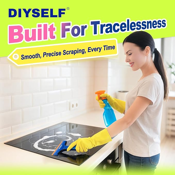 DIYSELF 1 Pack Plastic Razor Blade Scraper with 5 Pcs 4-Inch Plastic Razor Blades, Plastic Scraper Tool for Cleaning, Gasket and Decal Remover for Glass, Stovetop, Labels, Stickers & Paint Removal