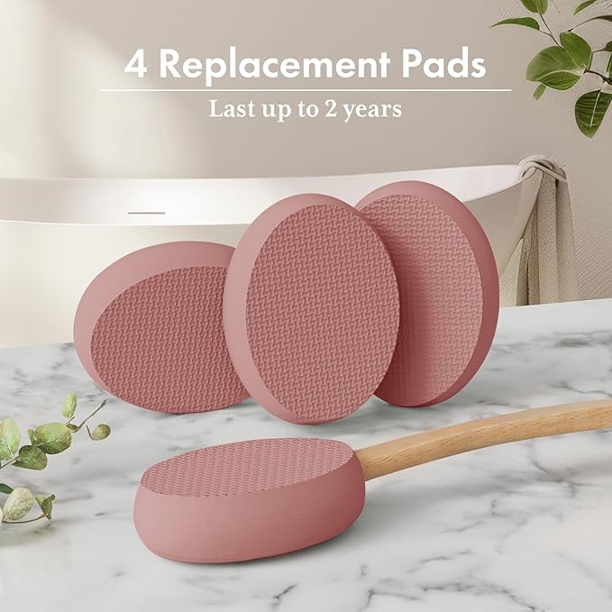 AmazerBath Lotion Applicator for Back, Feet, 4 Replacement Pads with 17" Curved Handle, Back Sunscreen Applicator for Kids, Elderly, Women, Apply Skin Cream Medicine Moisturizer Tanner, Coffee Pink