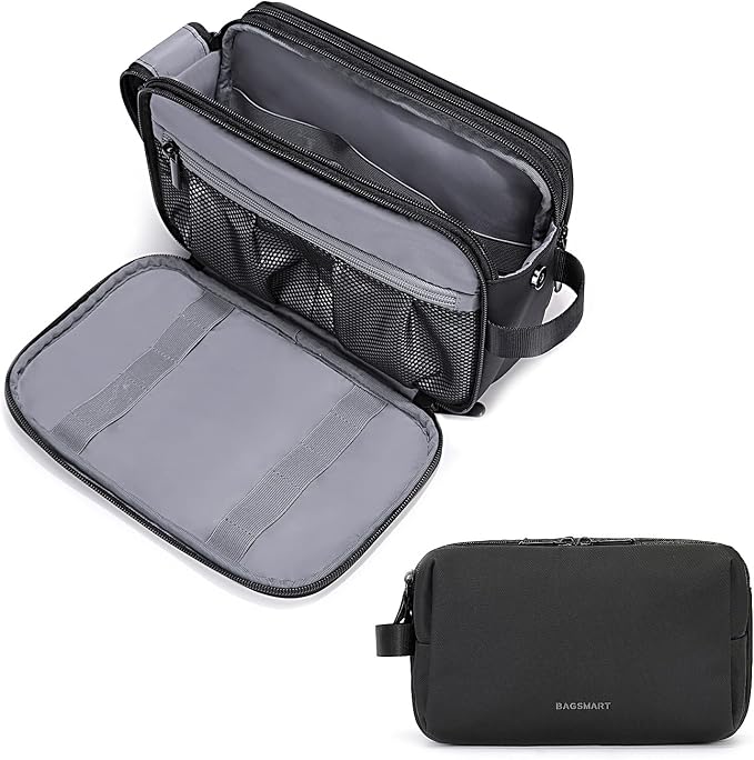 BAGSMART Toiletry Bag for Men, Travel Toiletry Organizer Dopp Kit Water-resistant Shaving Bag for Toiletries Accessories, Door Room Essentials,Black-large