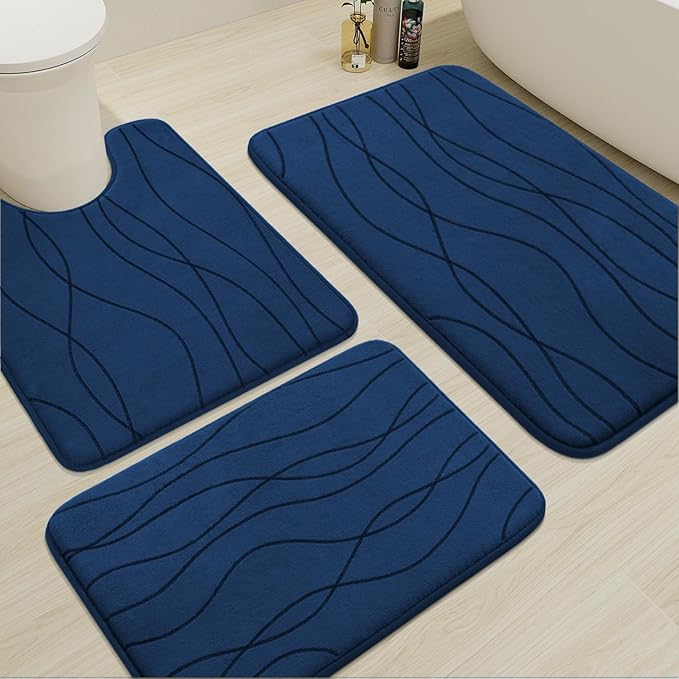YIHOUSE Memory Foam Bathroom Rug Sets, Navy Blue, 3 Piece | Ultra Soft, Absorbent, Non-Slip, Machine Washable