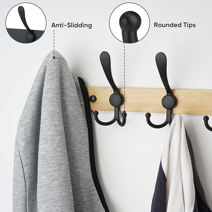 TICONN Wall Mounted Coat Rack, Five Heavy Duty Tri Hooks All Metal Construction for Jacket Coat Hat in Mudroom Entryway (Wood Black, 2-Pack)