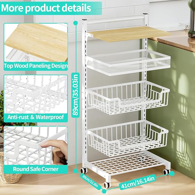 HapiRm Fruit Basket Kitchen Cart - 5 Tier Adjustable Vegetable Storage Rack, Large Capacity Rolling Kitchen Carts on Wheels for Snack Onion and Potato Storage