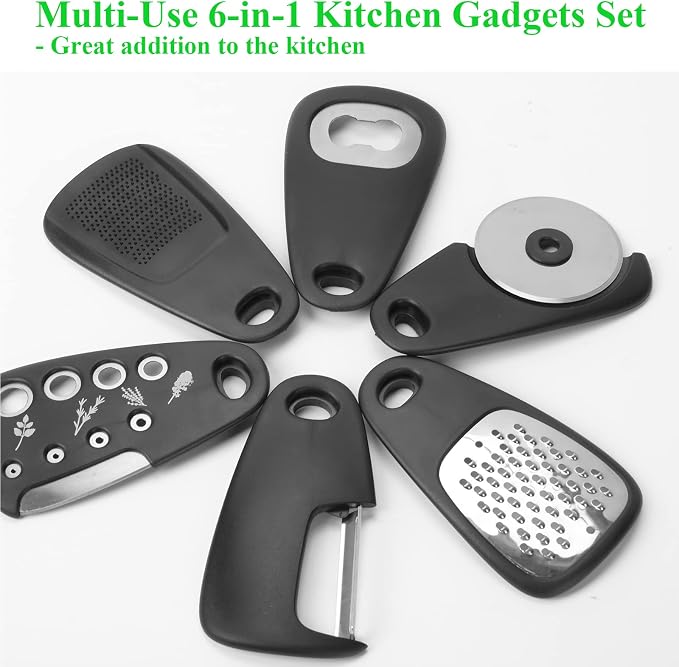Kitchen Gadgets Set 6 Pieces, Space Saving Cooking Tools Kitchen Accessories-Garlic Grinder, Cheese Grater, Vegetable Peeler, Pizza Cutter, Herb Stripper, Bottle Opener, Gadgets Gift Set (Black)