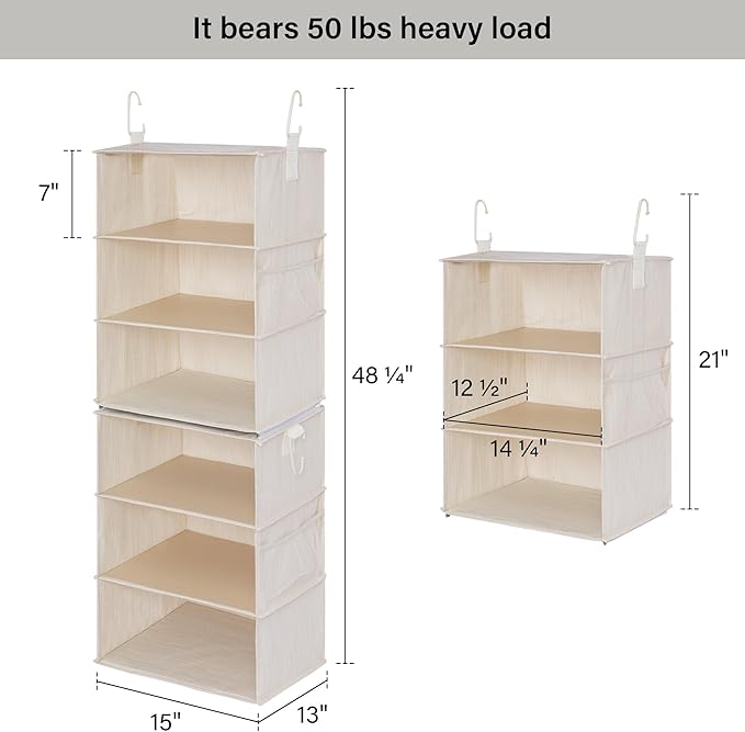 StorageWorks 6-Shelf Jumbo Closet Organizers, Two 3-Shelf Separable Hanging Shelves for Closet, 13" D x 15" W x 48 ¼"H,Mixing of Beige, White & Ivory