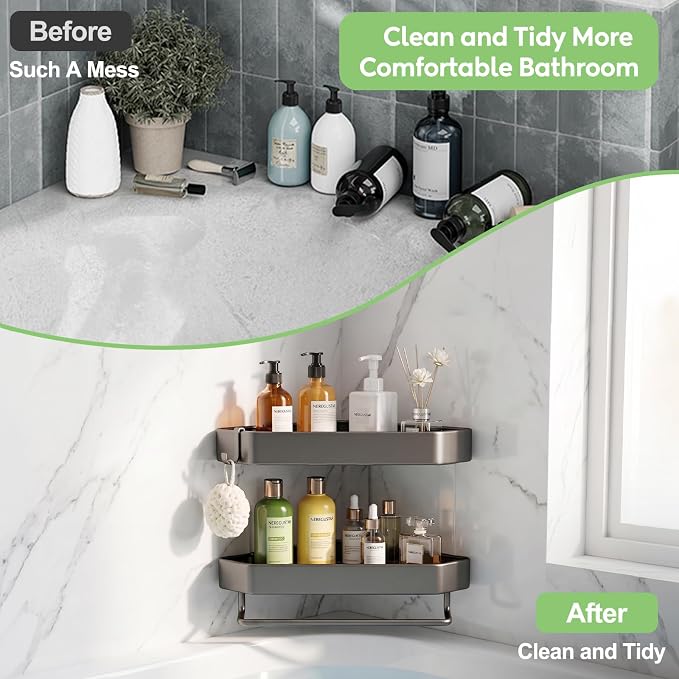 Shower Caddy Hanging, 2 Pack Never Rust Shower Organizer Hanging, Aluminum Shower Racks for Inside Shower with Hooks for Razor, Bathroom Organizers and Storage with Soap Holder, Grey