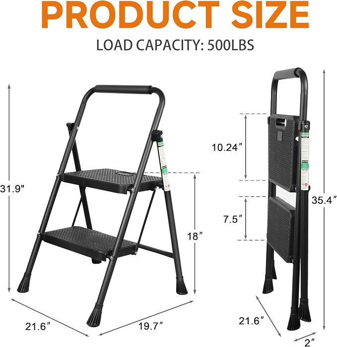 Arbusb Step Ladder, Folding Step Stool with Wide Anti-Slip Pedals, Sturdy Steel Ladder with Handrail, Space-Saving, Portable for Home & Adults, 2 Step Ladder