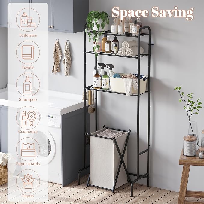 STDDRE 3-Tier Over The Toilet Storage Space Saver with Paper Holder Freestanding Rack Metal Bathroom Shelves with Hooks Above The Toilet Storage Shelf (Black, 3 Tier)