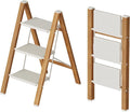 Mayi Plus 3 Step Lightweight Aluminum Folding Ladder, Portable Step Stool with Wide Anti-Slip Pedals, 330 lbs Capacity for Home,Cleaning Tasks（White&Woodgrain）