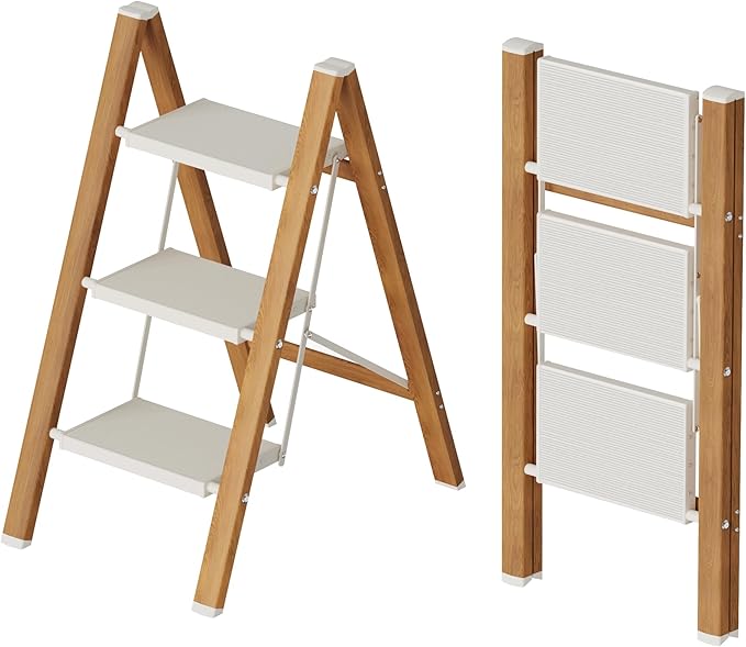 Mayi Plus 3 Step Lightweight Aluminum Folding Ladder, Portable Step Stool with Wide Anti-Slip Pedals, 330 lbs Capacity for Home,Cleaning Tasks（White&Woodgrain）