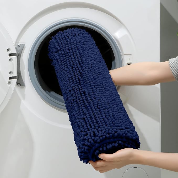 HOMEIDEAS 3 Pieces Bathroom Rugs, Ultra Soft Non Slip Absorbent Chenille Toilet Bath Mat Set (Navy Blue)
