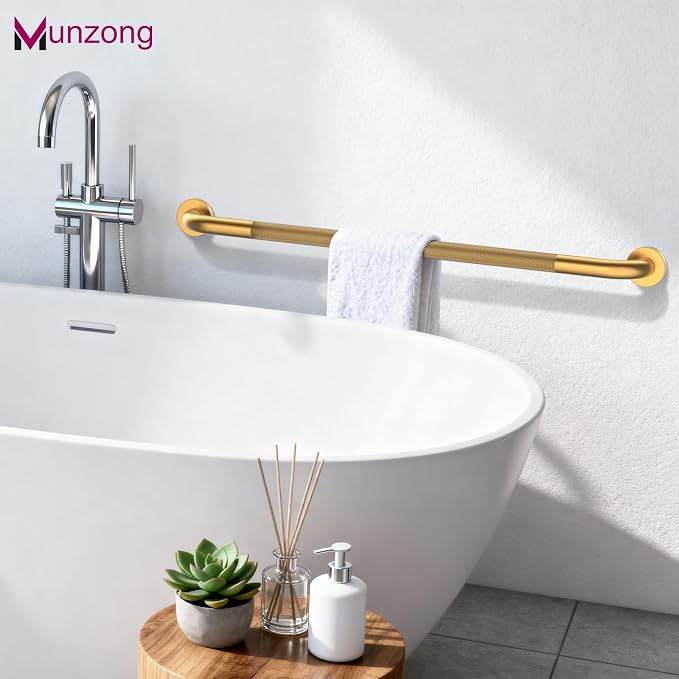 3 Pack Anti Slip Shower Grab Bar for Commercial, Munzong 18" 36" 42" Gold Bathroom Grab Bar Bundle, 1.25" Diameter Handicap Balance Bar,Safety Hand Rail for Elderly Injury Senior Assist Bath Handle